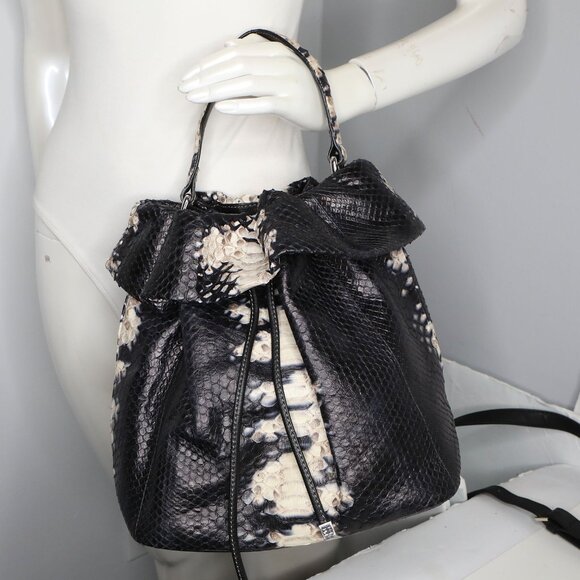 LUXURY Silvano Bagini Python Leather Drawstring Bucket Bag Handbag Black White - Picture 9 of 16